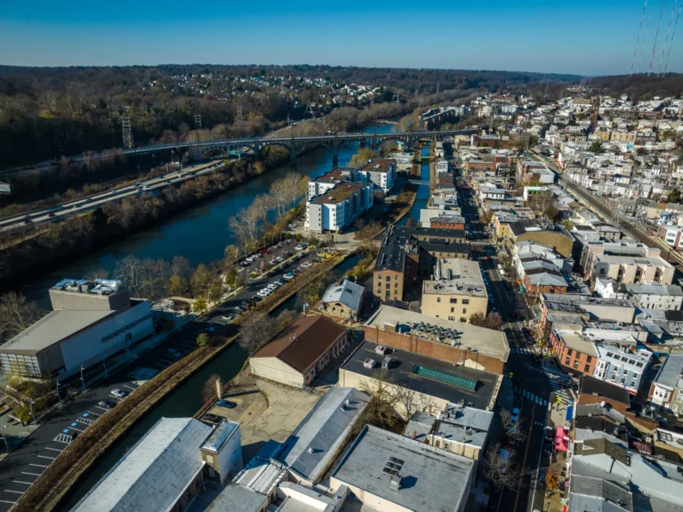 Aerial view of Manayunk Philadelphia along the Schuylkill River and canal