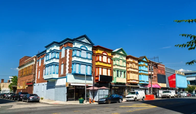 Colorful historic commercial buildings in West Philadelphia