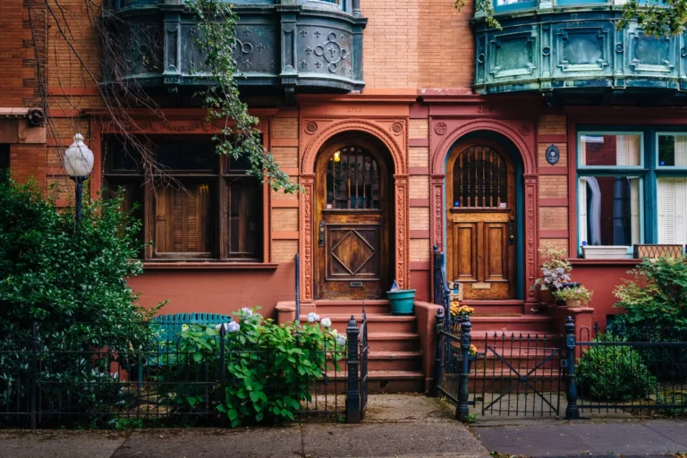 Historic Philadelphia brownstone and brick rowhome facades
