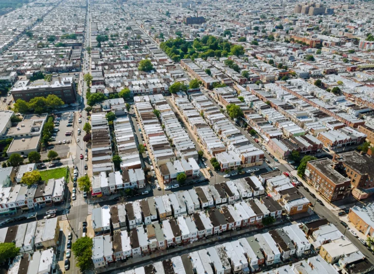Aerial view of dense Philadelphia rowhome neighborhoods